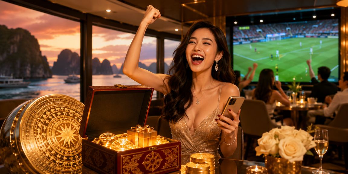 Người chơi casino trực tuyến với phong cảnh vịnh Hạ Long trong khung cửa sổ