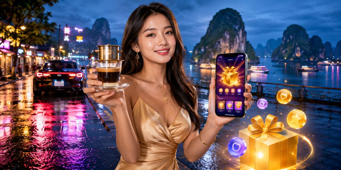 Người dùng Hạ Long ngồi cà phê và thực hiện thanh toán casino trực tuyến qua điện thoại
