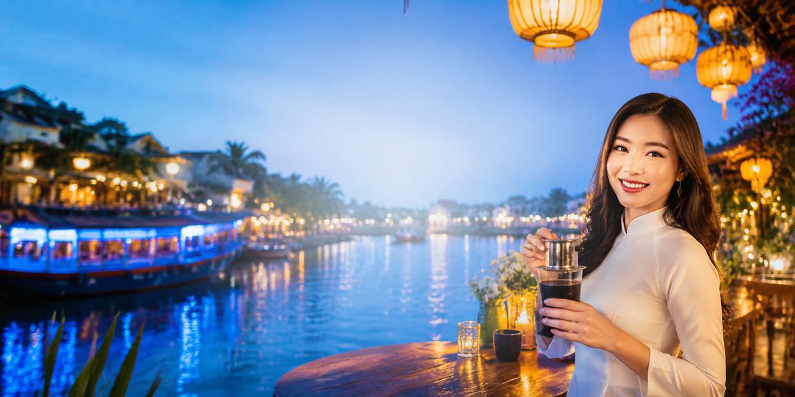 Người dùng Hội An thực hiện giao dịch tài chính trực tuyến tại quán cà phê